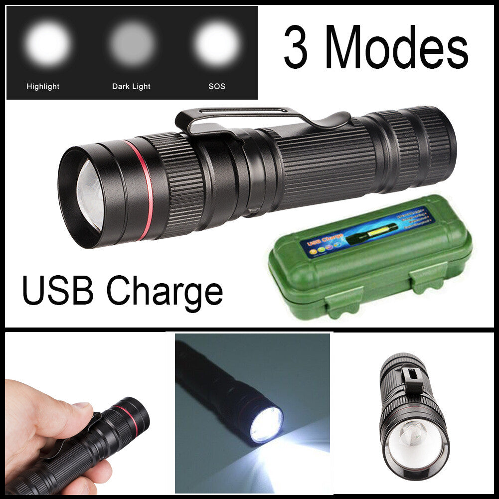 USB Rechargeable LED Flashlight with Adjustable Focus and Multiple Light Modes for Outdoor and Emergency Use