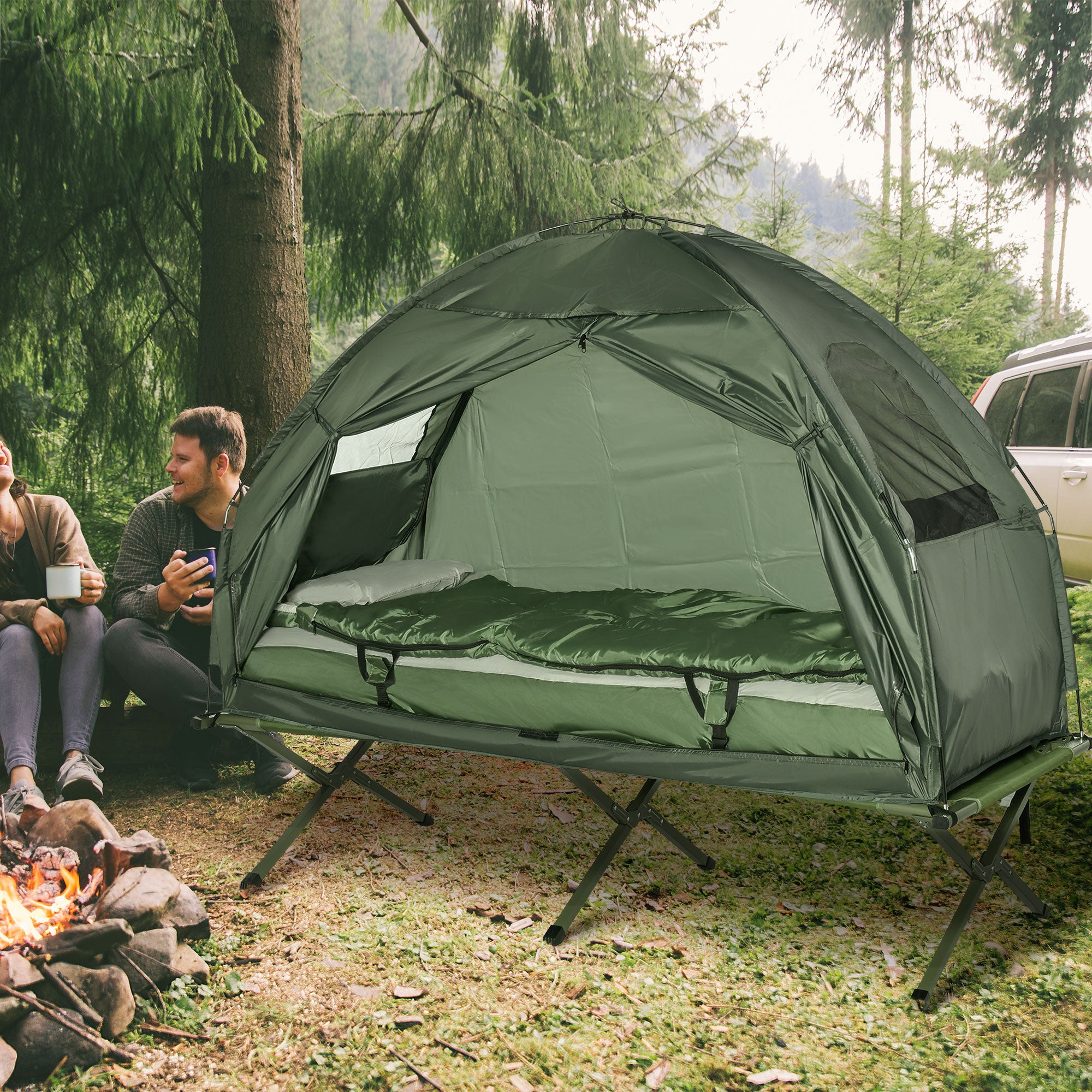 Folding Camping Cot with Air Mattress and Sleeping Bag Portable Outdoor Camping Bed