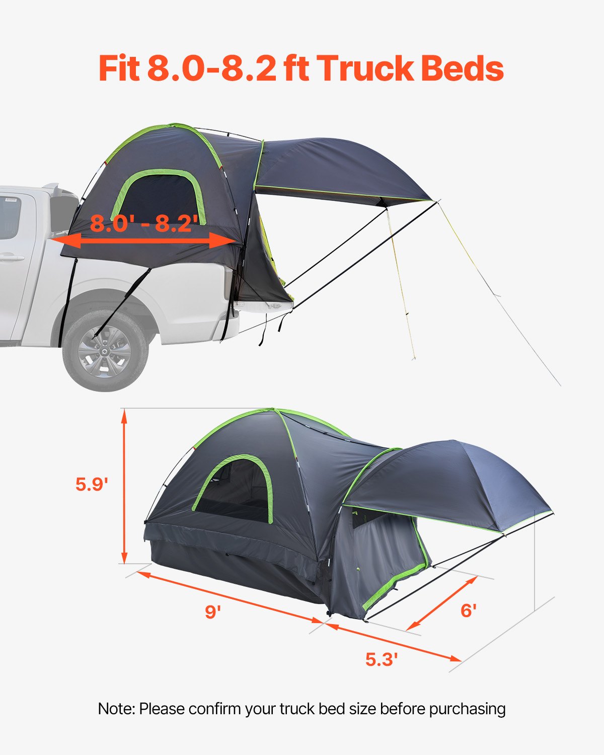 Truck Bed Tent for 8.0–8.2 ft Long Bed Trucks 2–3 Person Camping Tent