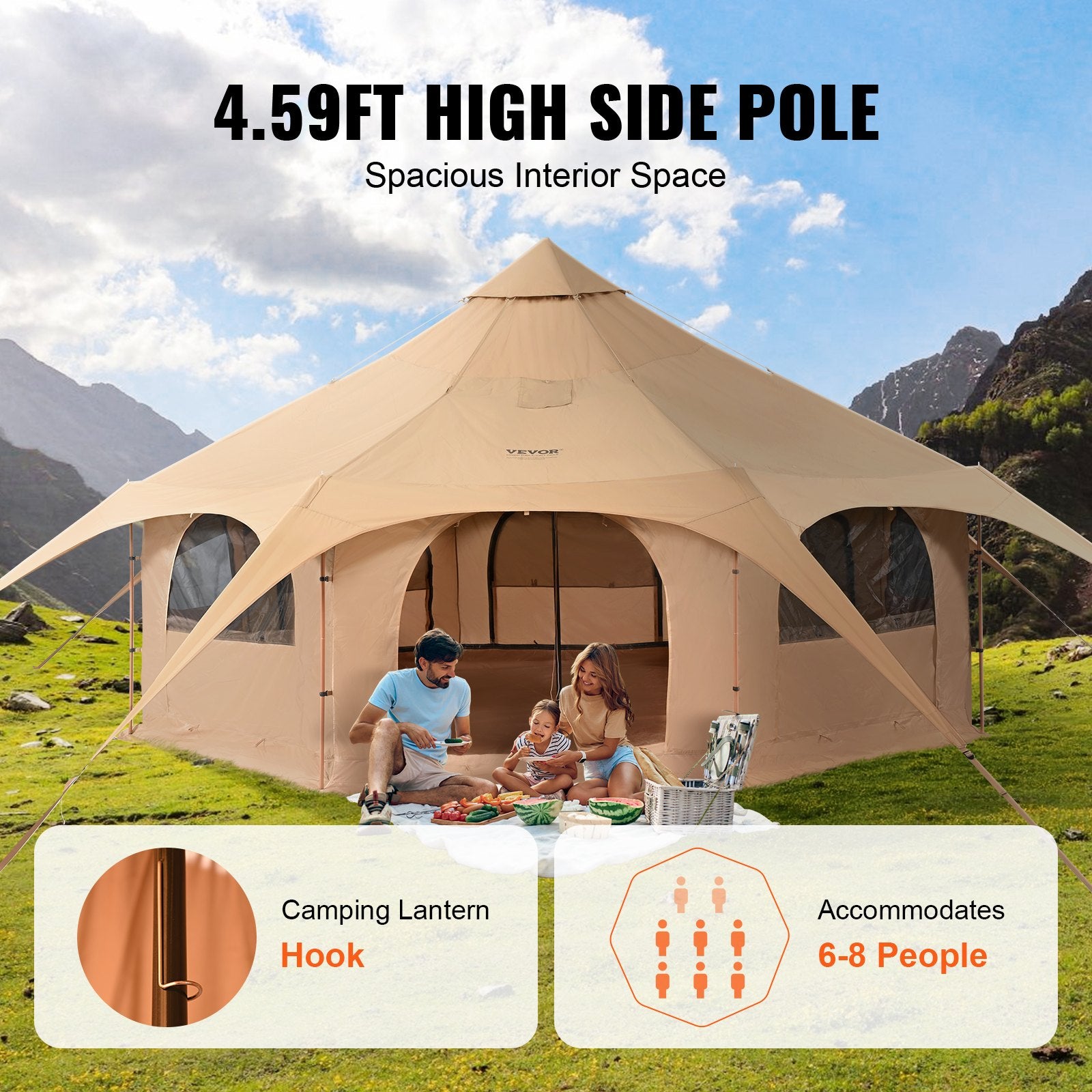 4 Season Canvas Bell Tent for 8 Person Camping with Stove Jack