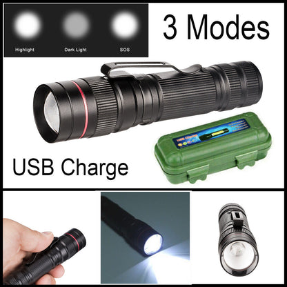 USB Rechargeable LED Flashlight with Adjustable Focus and Multiple Light Modes for Outdoor and Emergency Use