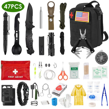 47 Piece Outdoor Survival Gear and Multi Tool Kit with Carry Pouch for Camping and Hiking