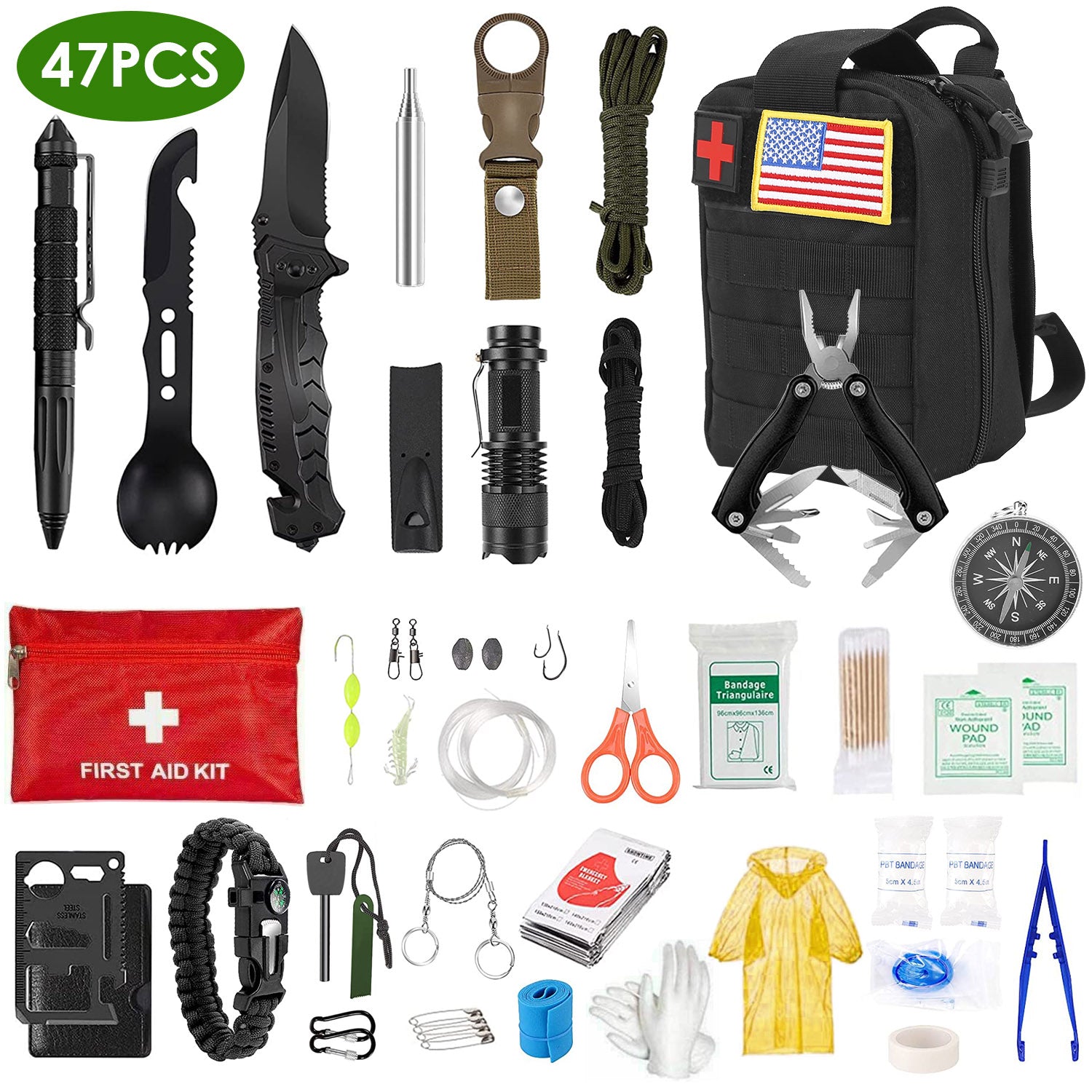47 Piece Outdoor Survival Gear and Multi Tool Kit with Carry Pouch for Camping and Hiking