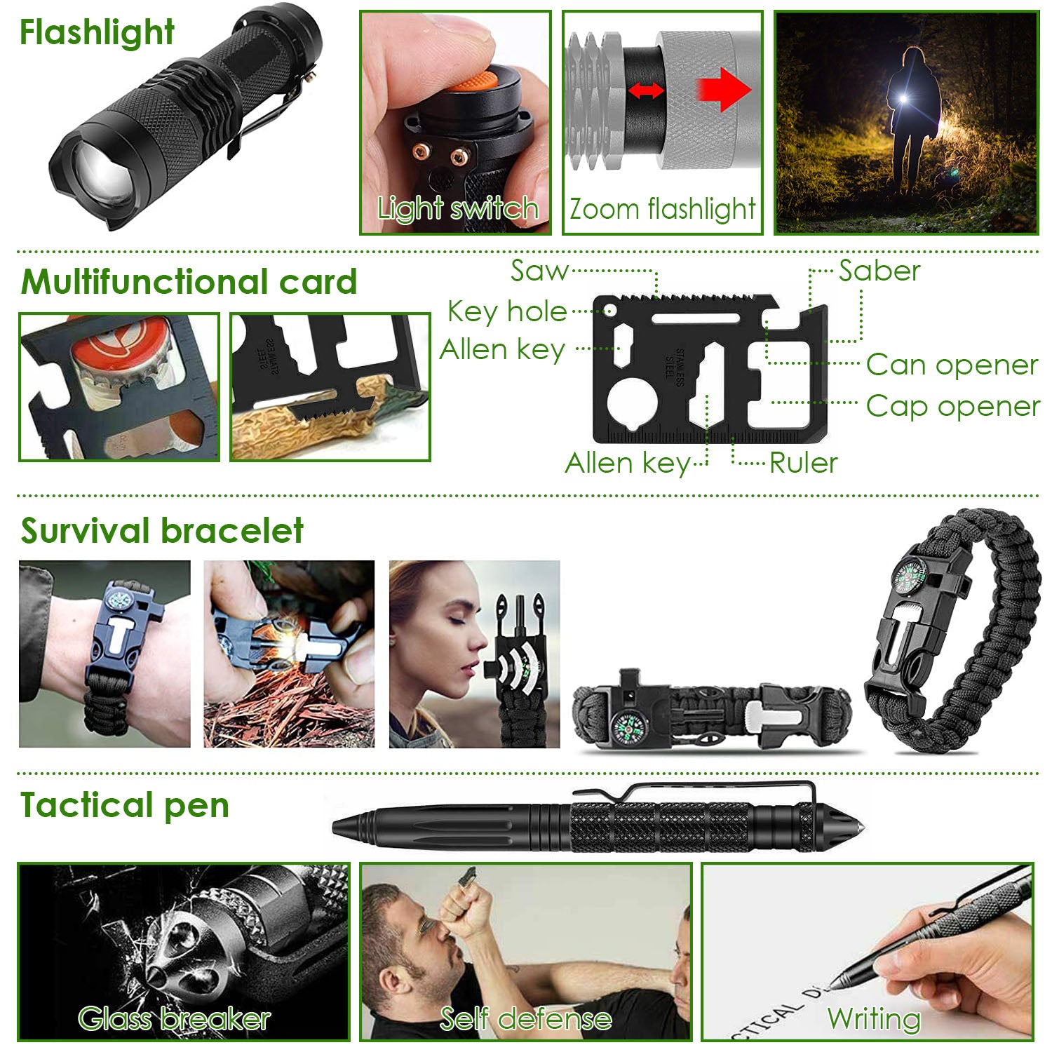 47 Piece Outdoor Survival Gear and Multi Tool Kit with Carry Pouch for Camping and Hiking