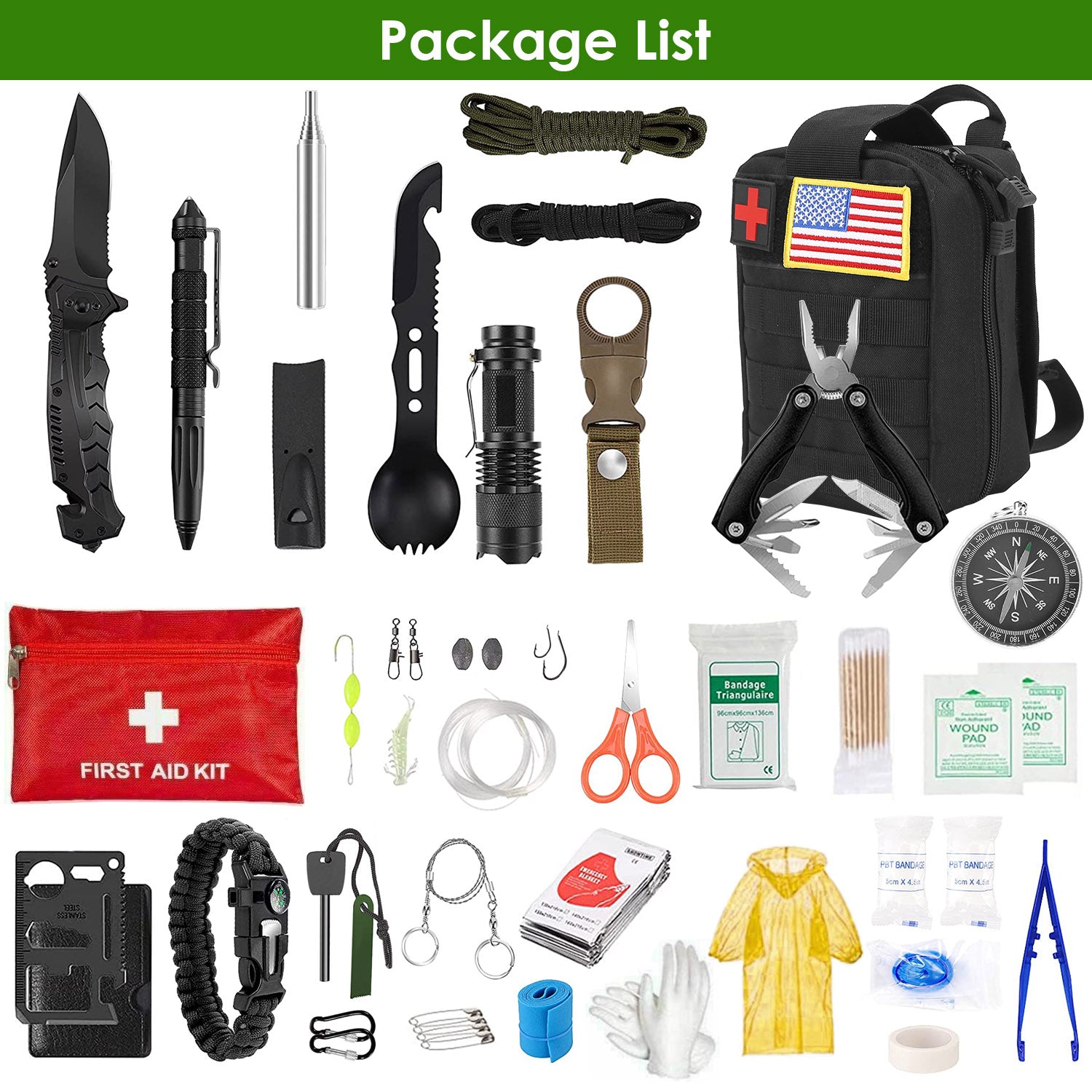 47 Piece Outdoor Survival Gear and Multi Tool Kit with Carry Pouch for Camping and Hiking