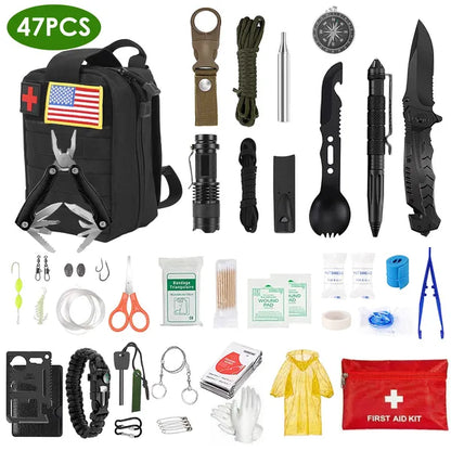 47 Piece Outdoor Survival Gear and First Aid Kit for Camping and Hiking